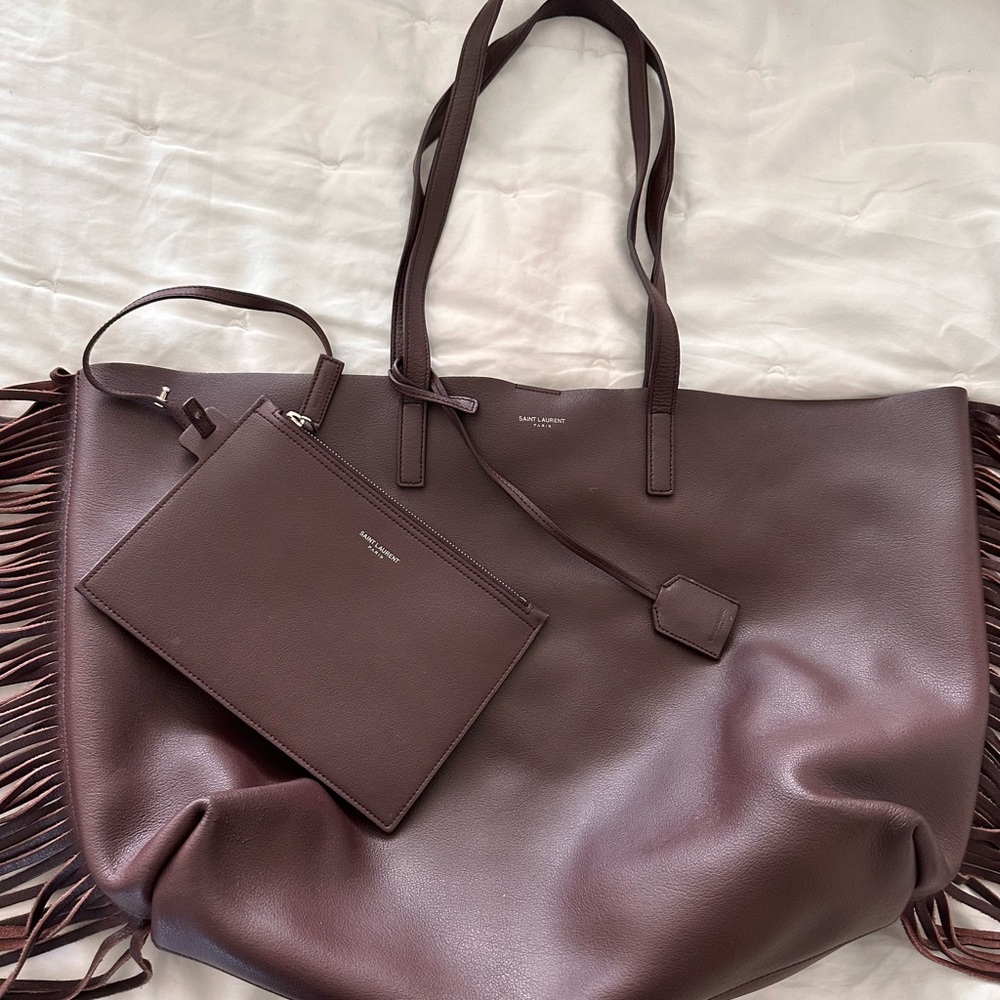 Authentic SAINT LAURENT Calfskin Large Fringe Shopping Tote. Matching pouch.